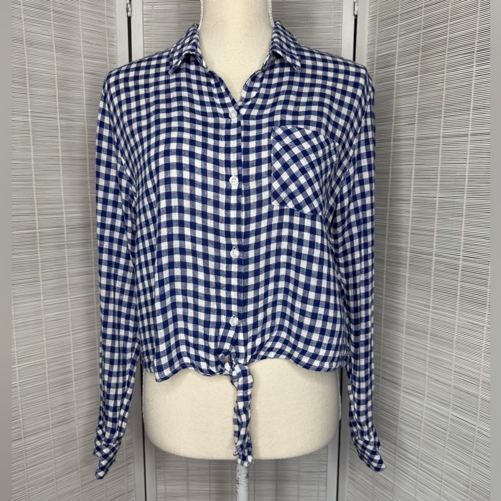 Rails Val Top Blue White Gingham Waist Tie Pocket Button Cuff Linen Blend M